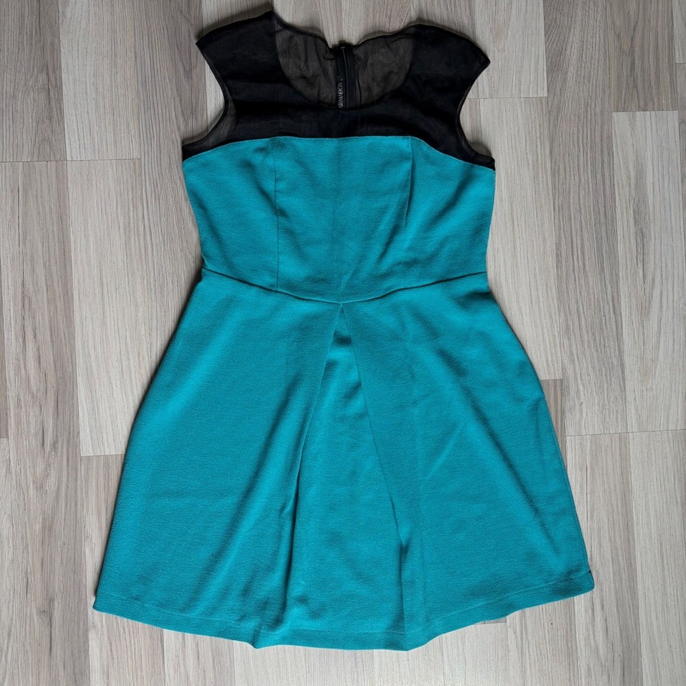 Karmadon Teal and Black Mesh Yoke Fit and Flare Mini Dress Size L